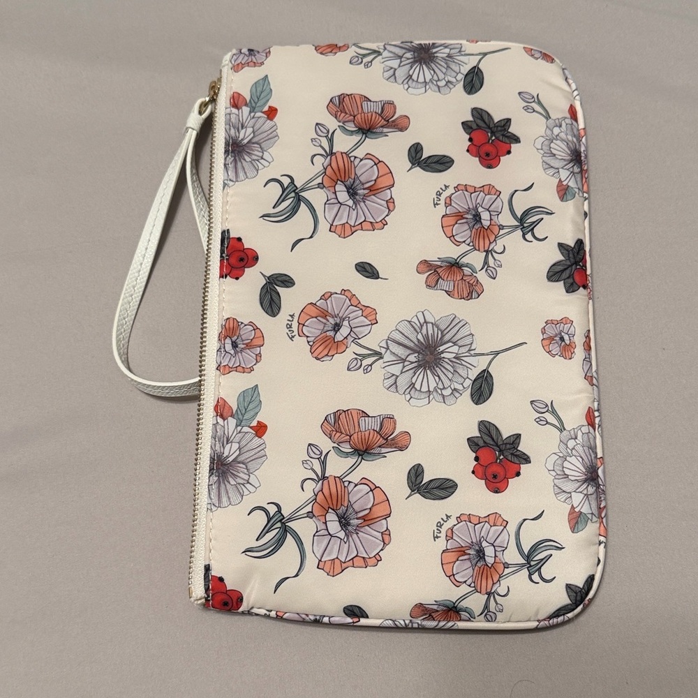 Furla Floral Print Wristlet Pouch Cream Botanical Zippered Clutch Bag